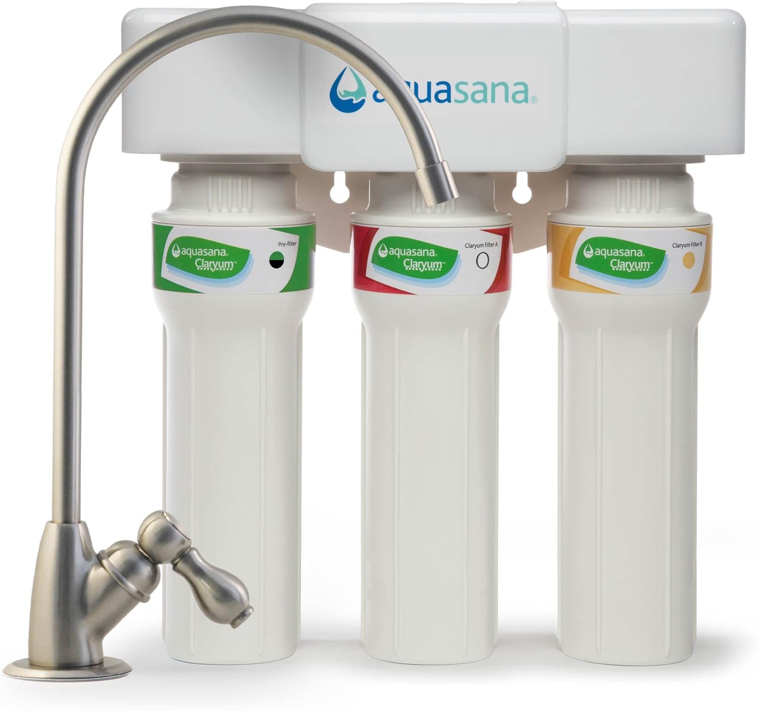 Aquasana Under Sink Water Filter System – Reduces PFAS, Lead, & Chlorine in Drinking Water – Under Counter Claryum Filtration for Kitchen – 3-Stage Max Flow – Brushed Nickel Faucet – AQ-5300+.55