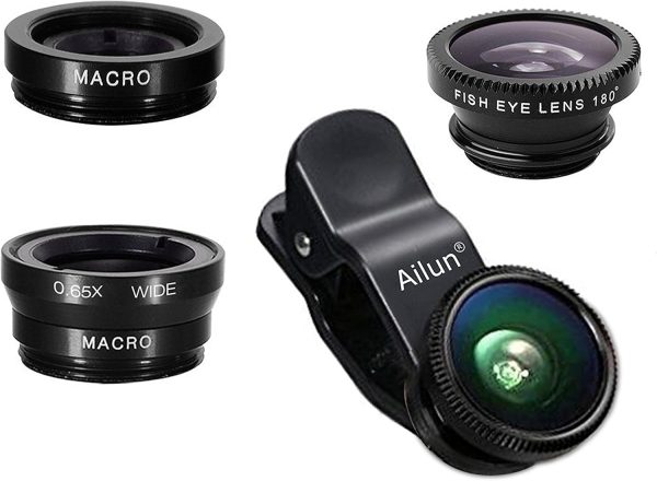 Phone Lens,by Ailun,3 in 1 Clip on 180 Degree Fish Eye Lens+0.65X Wide Angle+10X Macro Lens,Universal HD Camera Lens Kit for Mobile Phone,Cellphone,Smart Phone