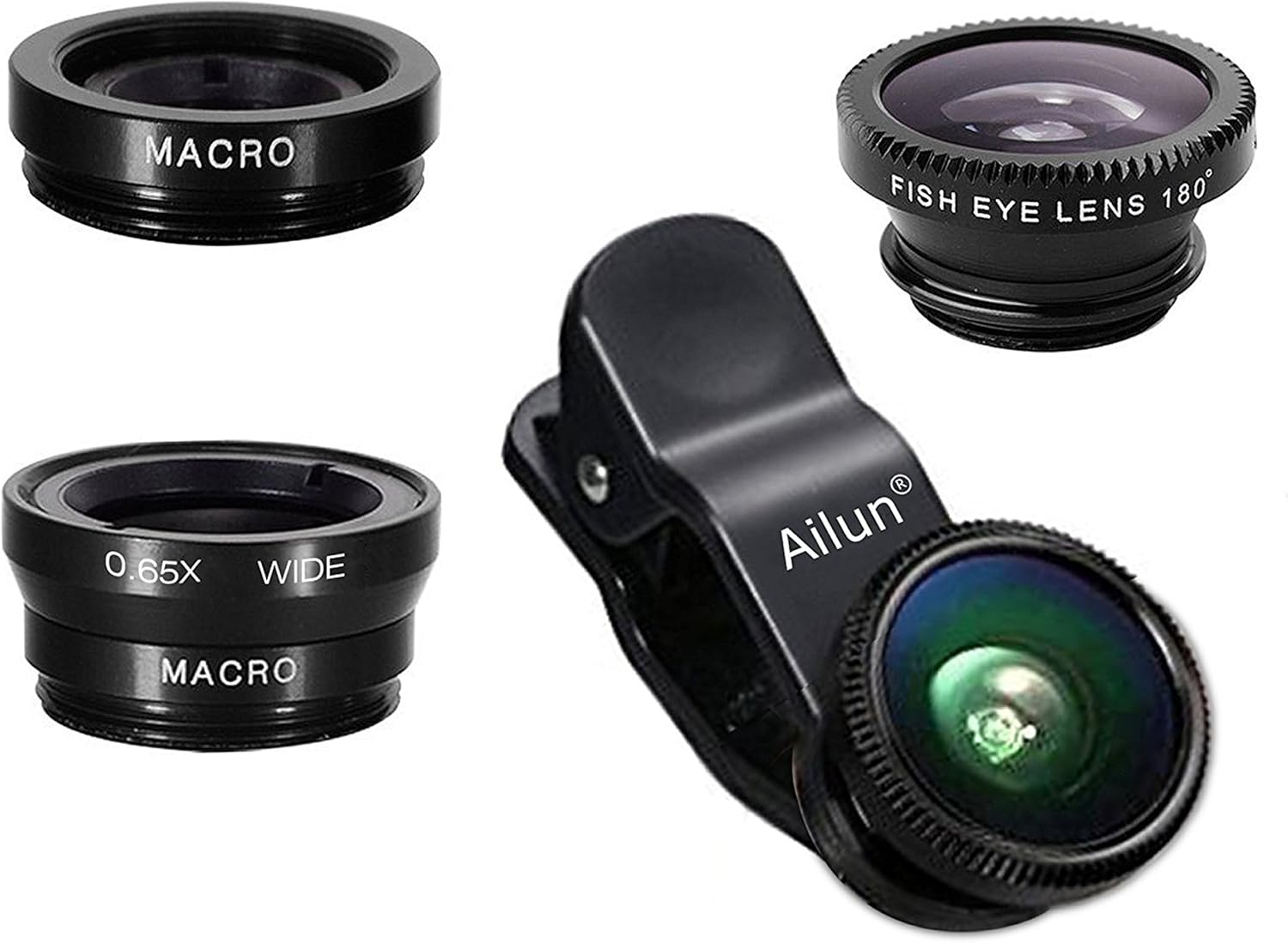 Phone Lens,by Ailun,3 in 1 Clip on 180 Degree Fish Eye Lens+0.65X Wide Angle+10X Macro Lens,Universal HD Camera Lens Kit for Mobile Phone,Cellphone,Smart Phone