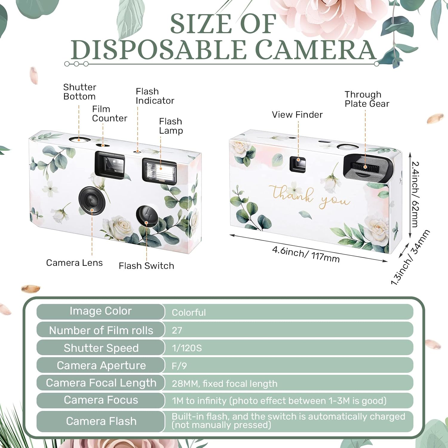 Treela 6 Pack of Disposable Camera for Wedding Bulk Bachelorette Single Use Flash 35mm Camera for Birthday Concert Travel Anniversary Party Supply Favor Vacation Gift (Eucalyptus Leaf)