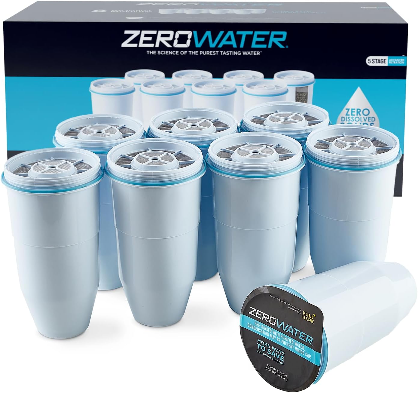 ZeroWater Official Replacement Filter – 5-Stage 0 TDS Filter Replacement – System IAPMO Certified to Reduce Lead, Chromium, and PFOA/PFOS, 8-Pack, White